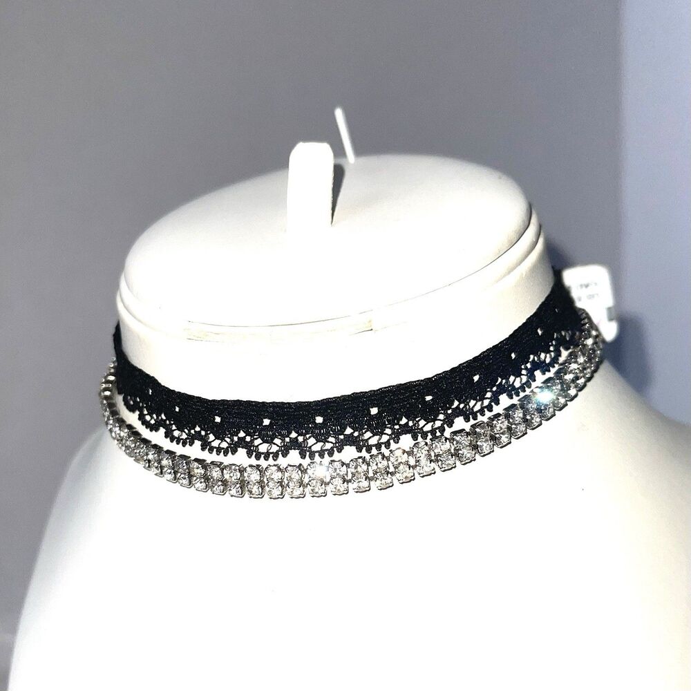 Choker Necklace Clear Rhinestones & Black Lace 12”/3” Extension NWT Old Stock